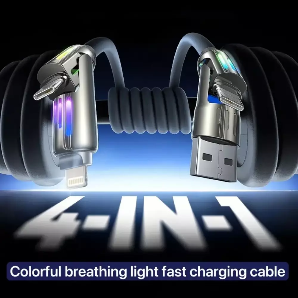 USB 4-in-1 Schnelllade-Kabel 30W | USB-C zu USB anti-verwickelndes Silikon RGB-LED Multi-Geräte-Kompatibilität und langlebig (2 m) - Grau